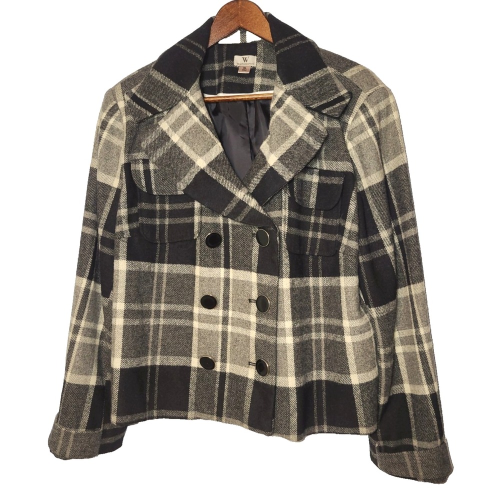 Worthington Black/Gray Plaid Double Breasted Cropped Blazer XL‎ Sporty Business